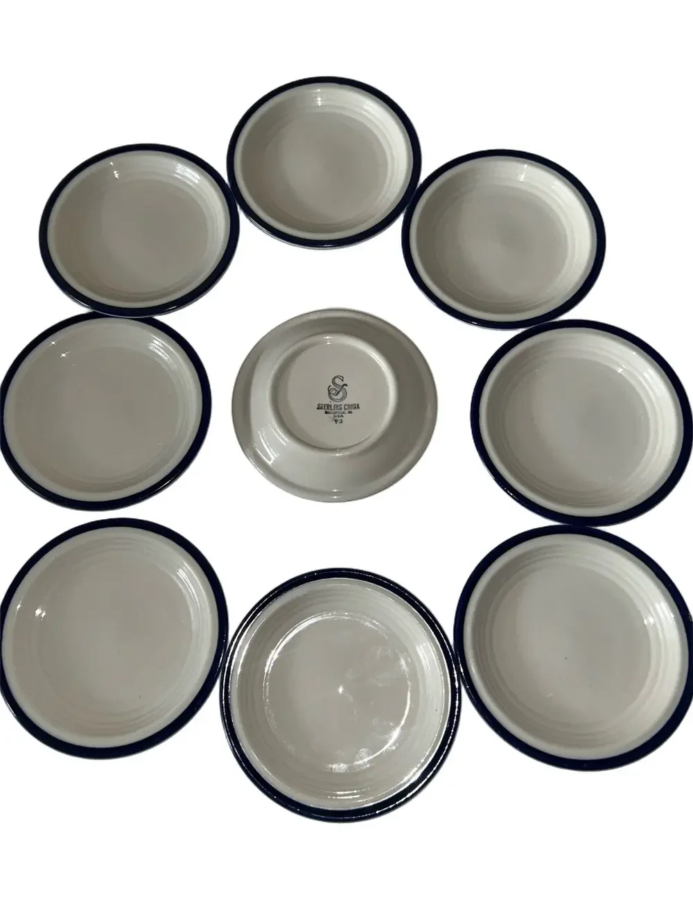 Set of 8 Vintage Sterling China Bread & Butter Plates Wellsville Ohio Blue Rim